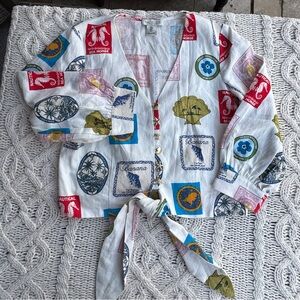 V‎ Neck White Linen Blend Blouse Seaside Metal Seashell Buttons Tie Waist SM